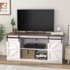 Farmhouse TV Stand in White Wood Finish with Sliding Doors for TV up to 65-inch