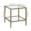 Square Side Table Gold Antique Brass Metal Glass Top Bottom Shelf Sofa Table