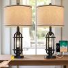 Set of 2 - Farmhouse Dimmable Touch USB Table Lamp with Beige Linen Drum Shade