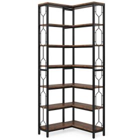 Industrial 7-Tier Metal/Wood Corner Bookcase in Black/Brown