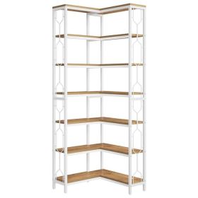 Industrial 7-Tier Metal/Wood Corner Bookcase in White/Natural