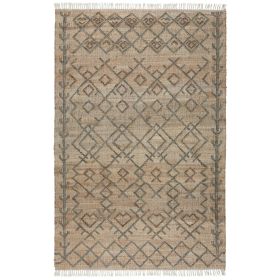 Ella 5 x 8 Area Rug, Beige Handwoven Jute, Fringes, Tribal Geometric Design