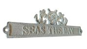 Whitewashed Cast Iron Seas the Day Sign with Ship Wheel and Anchors 9""