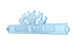 Dark Blue Whitewashed Cast Iron Gone Sailing Sign with Ship Wheel and Anchors 9""