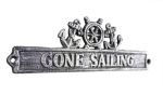 Antique Silver Cast Iron Gone Sailing Sign with Ship Wheel and Anchors 9""