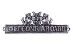 Antique Silver Cast Iron Welcome Aboard Sign with Ship Wheel and Anchors 9""