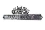 Antique Silver Cast Iron Seas the Day Sign with Ship Wheel and Anchors 9""