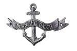 Antique Silver Cast Iron Down the Hatch Sign 8""